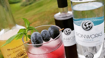 Bottles of vodka, blueberry liqueur and lemonade are on a tray behind a cocktail glass with a garnish toothpick full of blueberries 